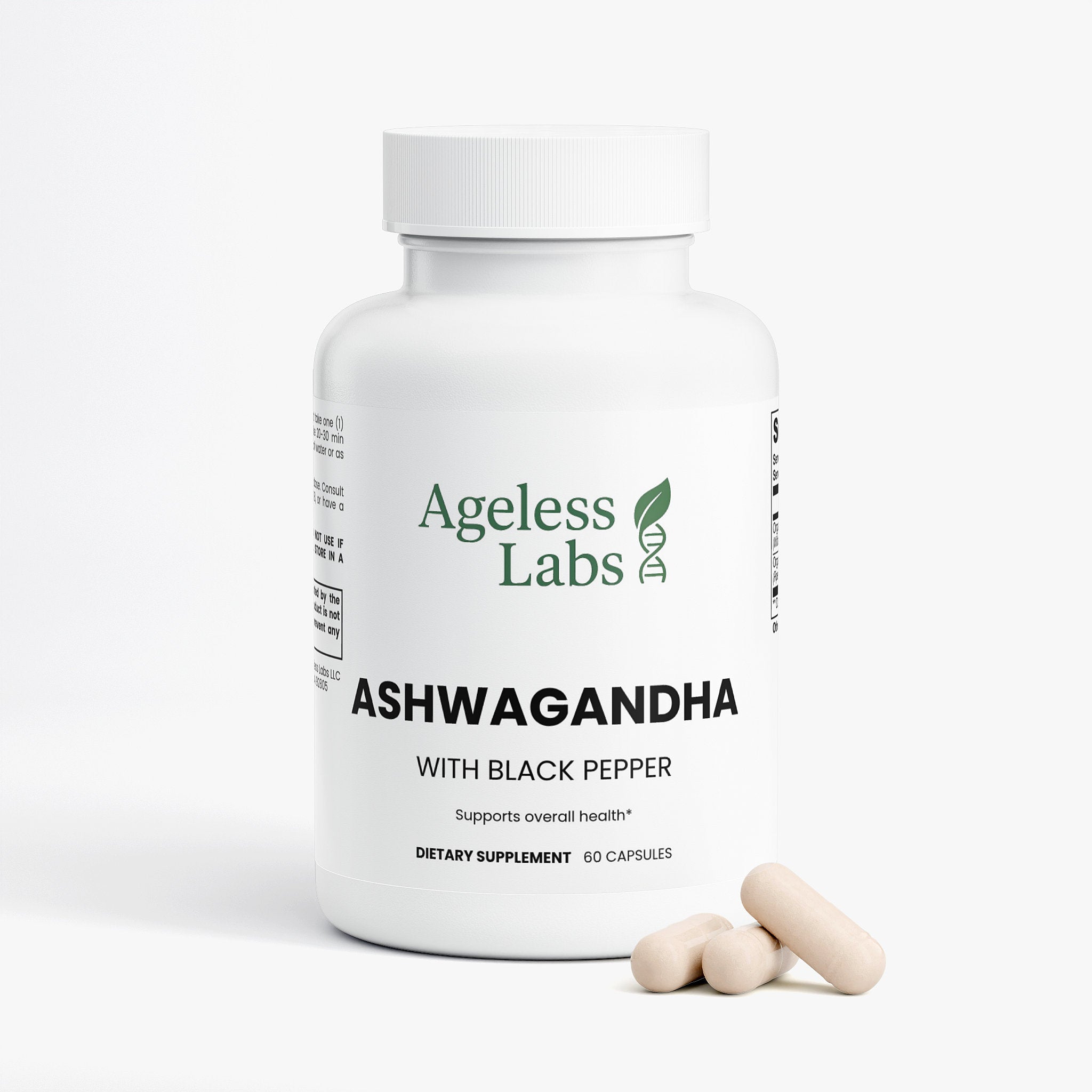 Ashwagandha supplement bottle side view - Ageless Labs