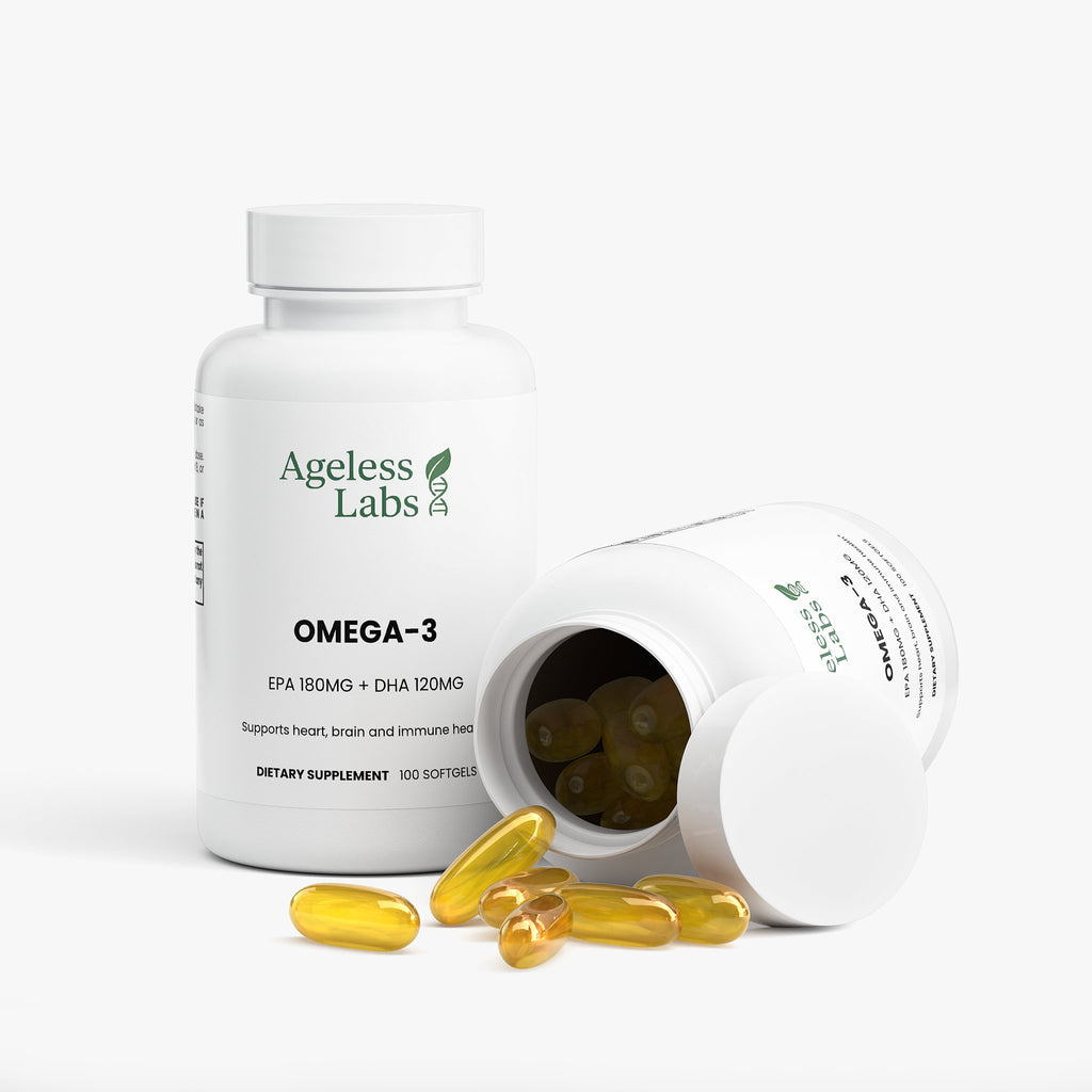 Omega-3 EPA 180mg DHA 120mg supplement label for heart and brain - Ageless Labs