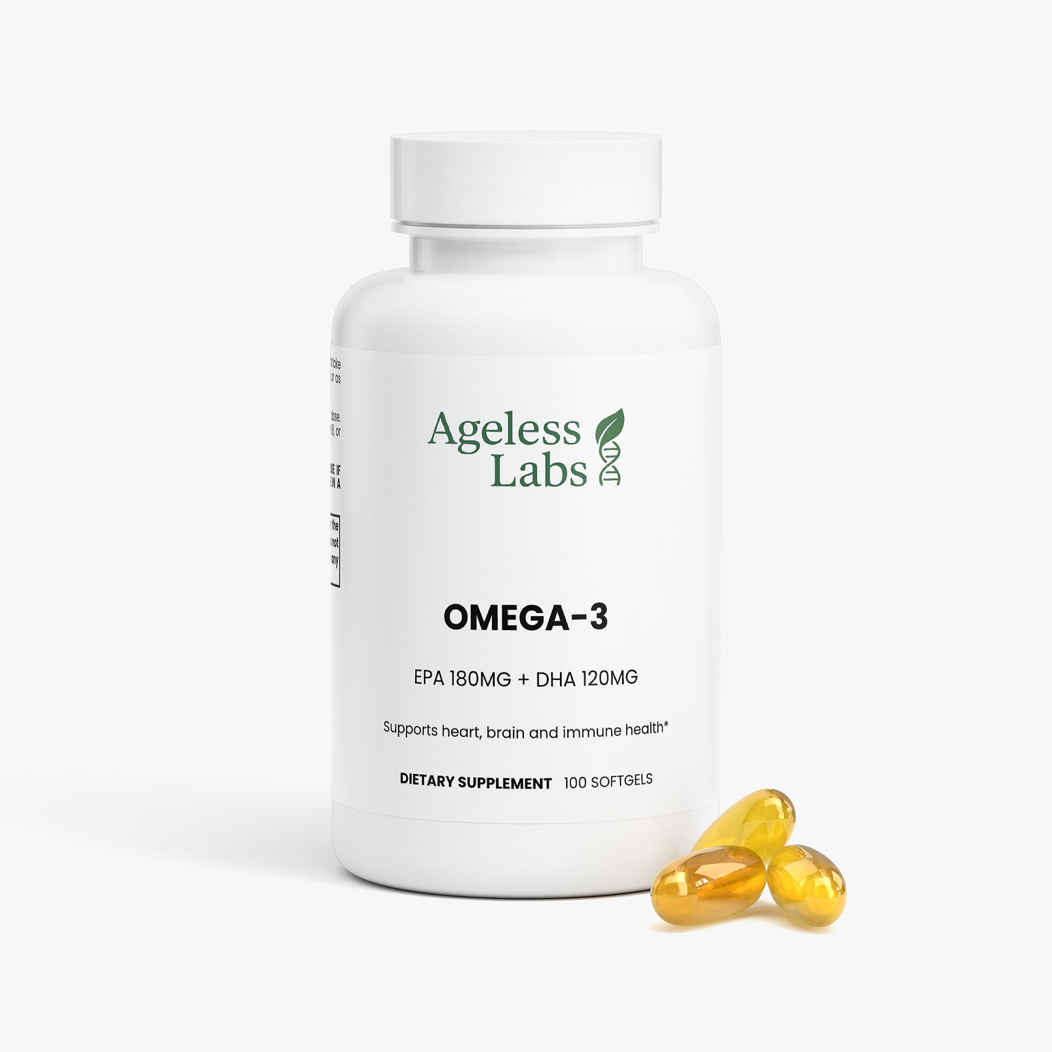 Omega-3 fish oil EPA DHA supplement bottle side view - Ageless Labs