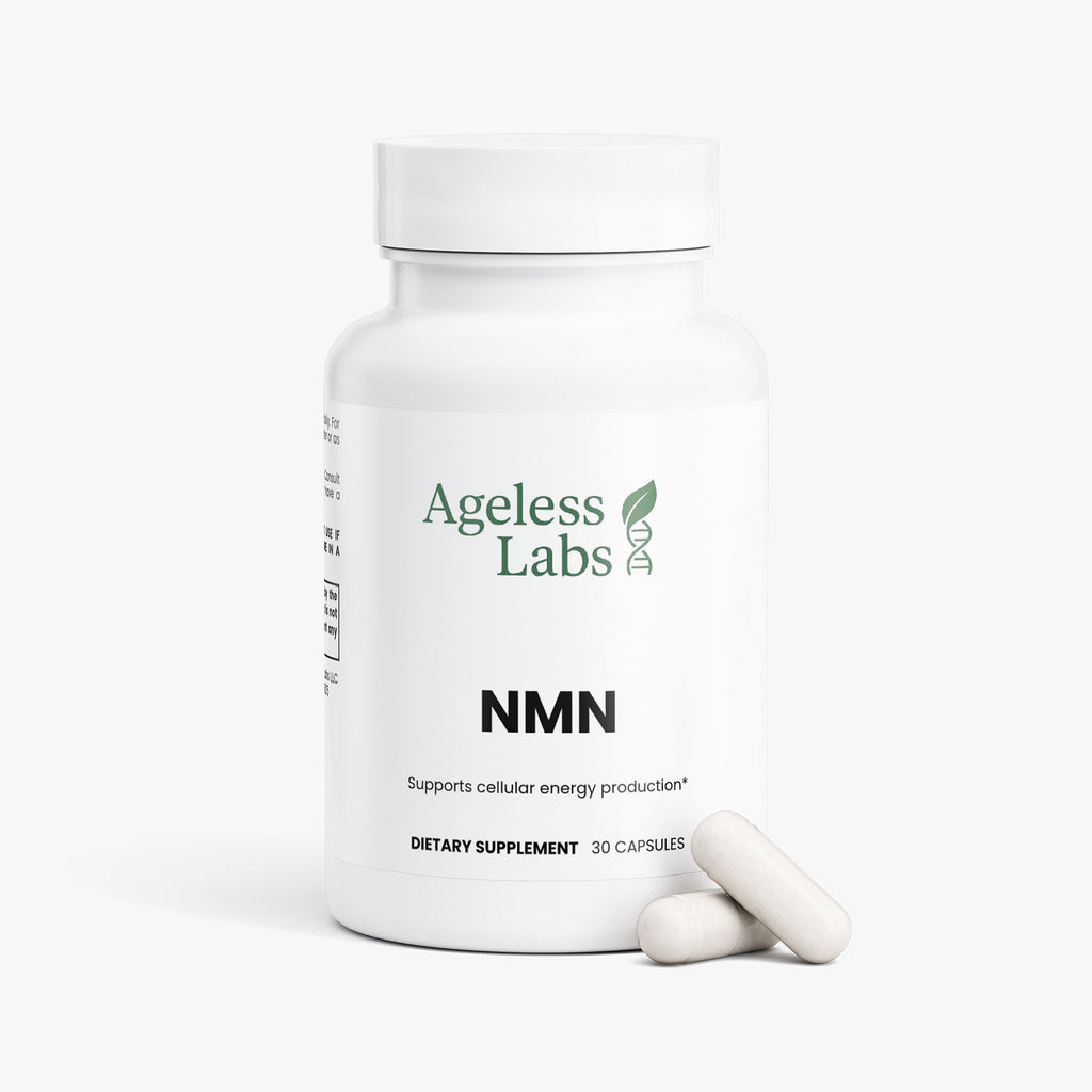NMN supplement bottle side view showing 500mg longevity formula - Ageless Labs