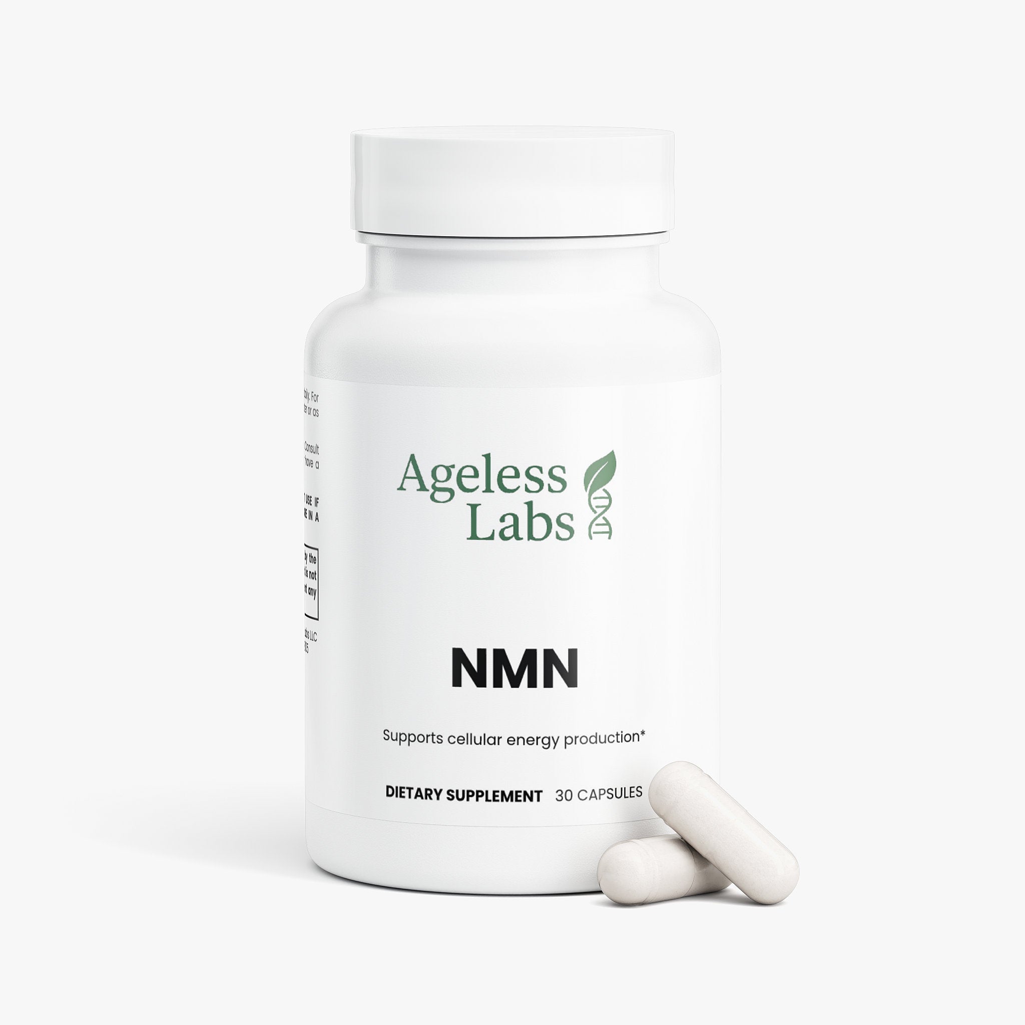 NMN supplement bottle side view showing 500mg longevity formula - Ageless Labs