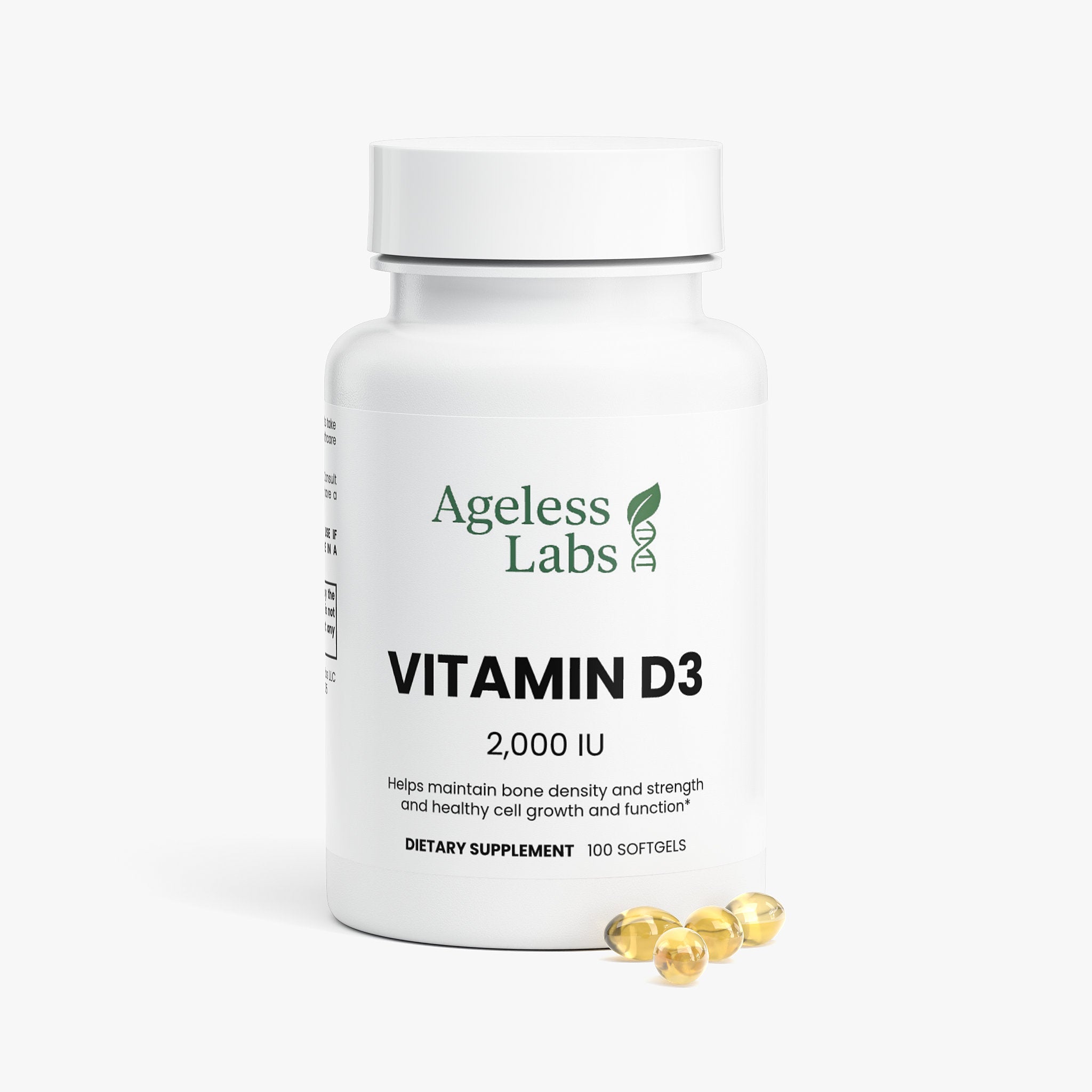 Vitamin D3 2000 IU supplement bottle side view - Ageless Labs