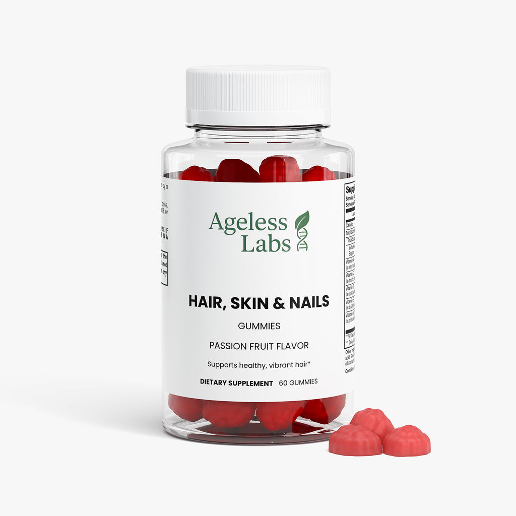 Hair Skin and Nails Gummies bottle side view - Ageless Labs