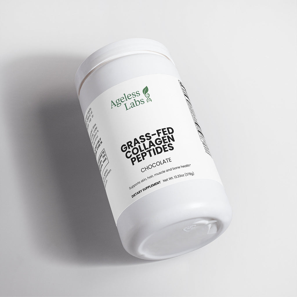 Grass-Fed Collagen Peptides Chocolate powder tub side view - Ageless Labs
