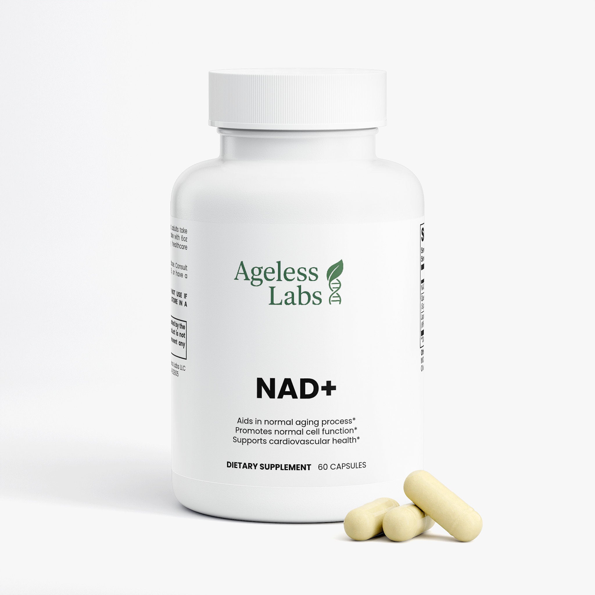 NAD+ supplement bottle side view for cellular energy and aging - Ageless Labs