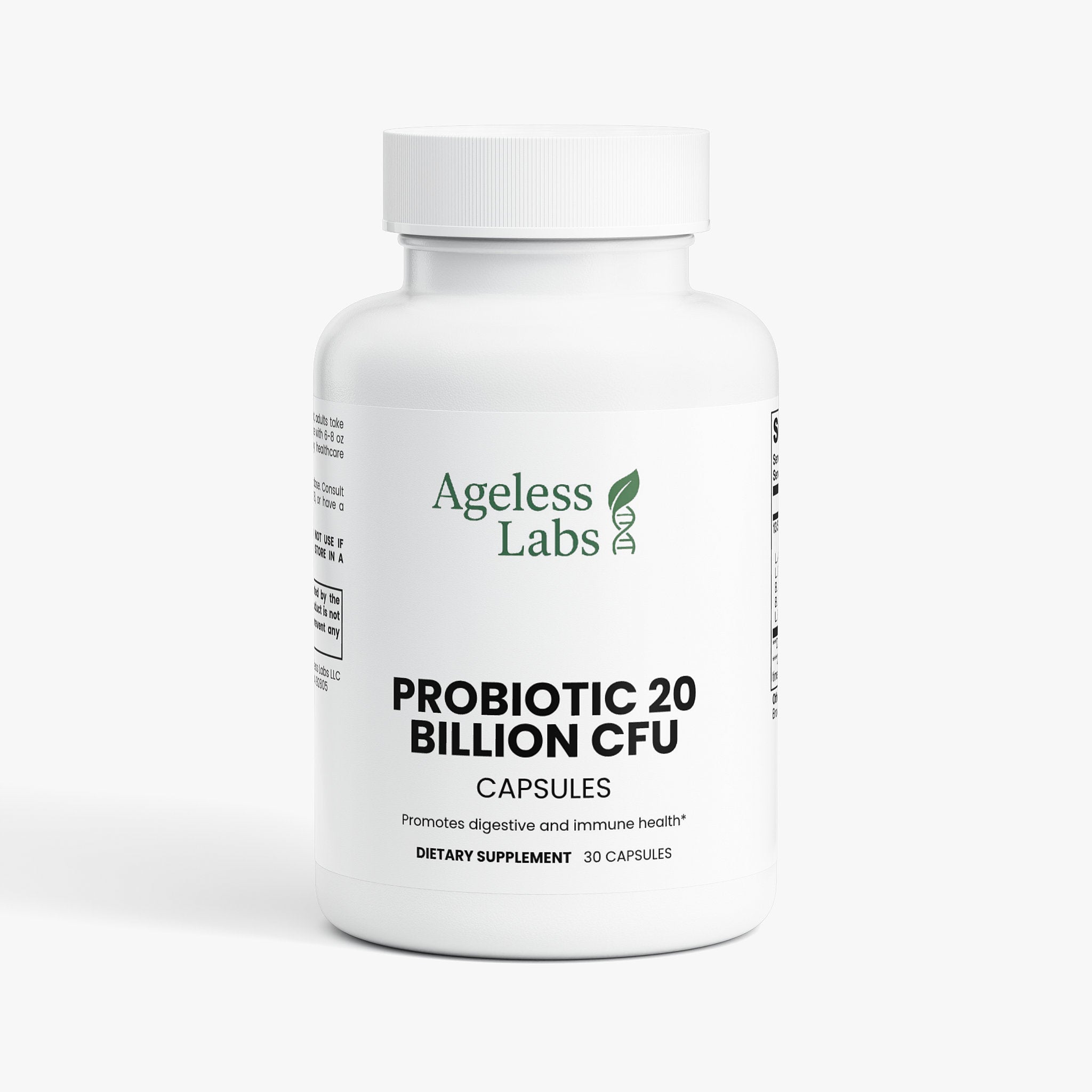 Probiotic 20 Billion CFU supplement bottle – Ageless Labs gut health probiotic