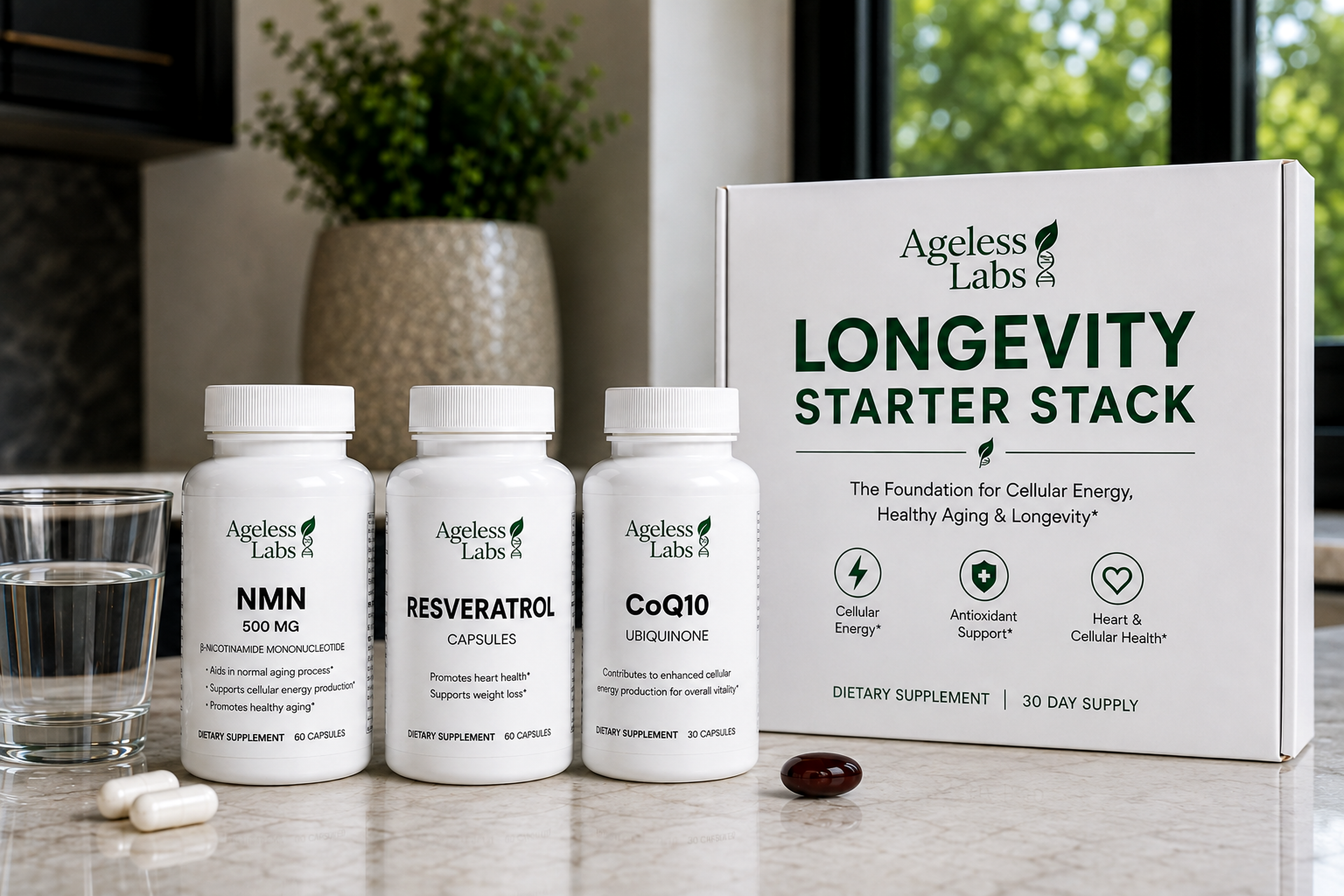 Ageless Labs Longevity Starter Stack with NMN 500 mg, Resveratrol, and CoQ10